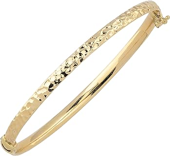 Exquisite 10k Yellow Gold Bangle Bracelet with Double-Safety Clasp, Hammered Italian Design for Sophisticated Women