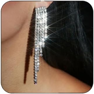 Unicra Long Rhinestone Fringe Earrings Silver Bridal Tassel Dangle Earrings Large Bling Crystal Chandelier Drop Earrings Wedding Party Jewelry for Women and Girls