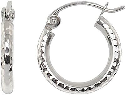 14k White Gold Diamond-Cut Hoop Earrings, (2mm Tube)