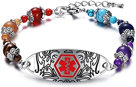 Medical Alert ID Bracelet for Women | Personalized Custom Natural Stone Beads Medical Bangle Bracelets, Free Engraving Adjustable (7.5+1.5 Inch)
