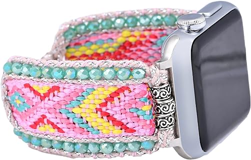 Retro Boho Braided Nylon Band Compatible with Apple Watch 40mm 41mm 38mm, Friendship Bracelet Handmade Woven Bohemian Beaded Western Dressy Strap for iWatch Series 9/8/SE/Ultra/7/6/5/4/3/2/1