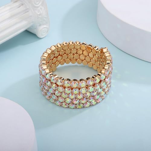 Xerling Colorful Iridescent Rhinestone Crystal Bracelets for Women Multi-row Silver Bangles Wrap Stretch Bridal Girls Hand Jewelry for Wedding