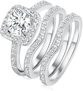 Gemsme 18K Gold Plated Three-in-One Wedding Engagement Eternity Rings Halo Cubic Zirconia Bridal Rings Set