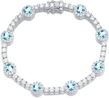 Sterling Silver Tennis Bracelet with Double Safety Clasp and Aquamarine Beads, Fine Jewelry Gift for Women and Mothers on Birthday or Mother's Day