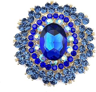 YOQUCOL Vintage Blue Cubic Zirconia Crystal Rhinestone Sunflower-shaped Wreath Brooch Pin for Women Gold Tone