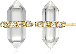 MORGAN & PAIGE Healing Crystal Quartz Stud Earrings for Women - 18K Yellow Gold Plated Sterling Silver Chakra Point, Hexagonal Points Stone