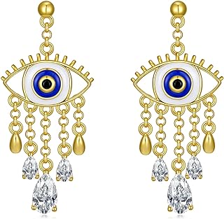 Gold-Plated Evil Eye Stud Earrings with Cubic Zirconia & Screw Back for Women, 925 Sterling Silver