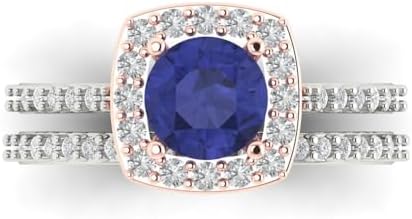 Clara Pucci 2ct Round cut Custom Engraving Halo Faux Tanzanite Engagement Ring Band Wedding Bridal Set 14k White Rose Gold 10