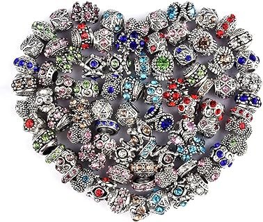 AIPRIDY Glass Bead Charm Bracelet in Silver Metal Alloy with Rhinestone, Round Design