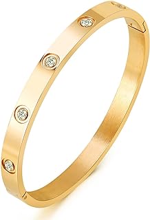 Lobster Claw Clasp Love Bangle Bracelet with Cubic Zirconia Gems in Box Chain Stainless Steel for Women - D. Allen & Danmi 18K Gold Plated Design