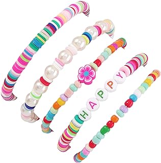 5Pcs Bohemian Inspiration Word Heishi Vinyl Disc Beaded Bracelet Set for Women Girl Teen Tai Chi Flower Imitation Pearl Soft Clay Stretchy Stackable Bracelet Summer Beach Surfing Jewelry