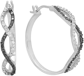 Dazzlingrock Collection 0.30 Carat (ctw) Round Black & White Diamond Infinity Swirl Hinged Post Hoop Earrings for Women in 925 Sterling Silver