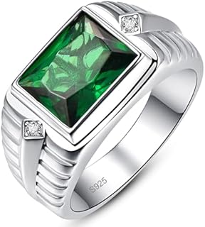 Men's Sterling Silver Emerald Wedding Ring with Rectangular Design, Paved with Cubic Zirconia for Wedding/Engagement