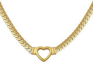 Flat Cuban Link Chunky Chain Necklace Gold Stainless Steel Hollow Heart Charms Choker Clavicle Jewelry for Women Teen Girls