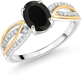 Gem Stone King 925 Sterling Silver and 10K Yellow Gold Black Onyx and White Lab Grown Diamond Engagement Ring For Women (1.74 Cttw, Available In Size 5, 6, 7, 8, 9)
