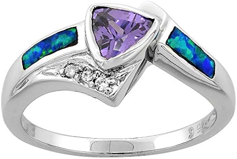 Sterling Silver Blue Synthetic Opal Trillion Cut Women's Ring with Amethyst CZ Accent - Size 6