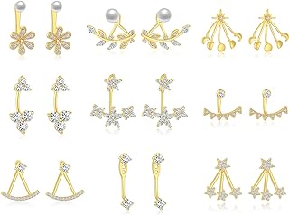 6-12 Pairs Star Ear Jacket Cuff Earrings Set, Gold Plated Front Back 2 in 1 with CZ Pearl, Flower Earring Studs For Women