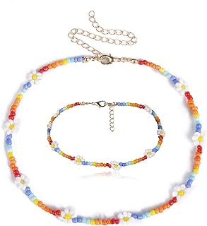 Beaded Daisy Flower Necklace with Cable Chain | Boho Sunflower Seed Chain Collar | Alloy Hook Clasp | Bead Gems | Perfect Summer Accessory for Women and Girls
