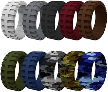 Mens 9mm Wide Tire Pattern Silicone Wedding Band 10pcs set Black Brown Camo Blue Rubber Rings - US Size 7-14
