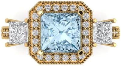 Cushion Cut Aquamarine Halo Solitaire Engagement Ring by Clara Pucci, 18K Yellow Gold Gemstone Ring for Her, Three-Stone Anniversary Design