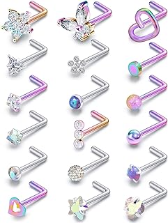 nose rings surgical steel nose ring 20G nose studs hypoallergenic cute flat opal flower diamond heart nose ring straight l shaped purple,pink,black,silver nose ring for women men gift