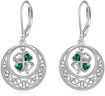 Sterling Silver Lever-Back Clover Dangle Earrings with Cubic Zirconia for Women - Celtic Knot Irish Shamrock Design
