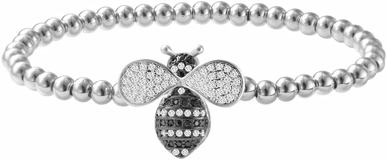 Edforce Women's Stainless Steel CZ Honey Bee Charm Stretchable Bangle Beaded Bracelet with Cubic Zirconia Stones