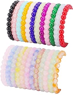 24Pc Women's Obsidian Bead Chain Bracelet - 8mm Round Glass Beads in Matte & Shiny Multicolor - Stretchy, Versatile Wristband - Ideal Gift with Unique Design