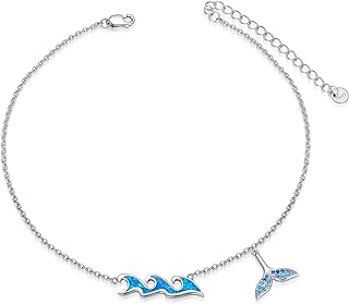LONAGO Ocean Wave Sea Beach Anklet with Synethic Blue Opal Mermaid Tail Charm Sterling Silver Adjustable Ankle Foot Bracelet for Women