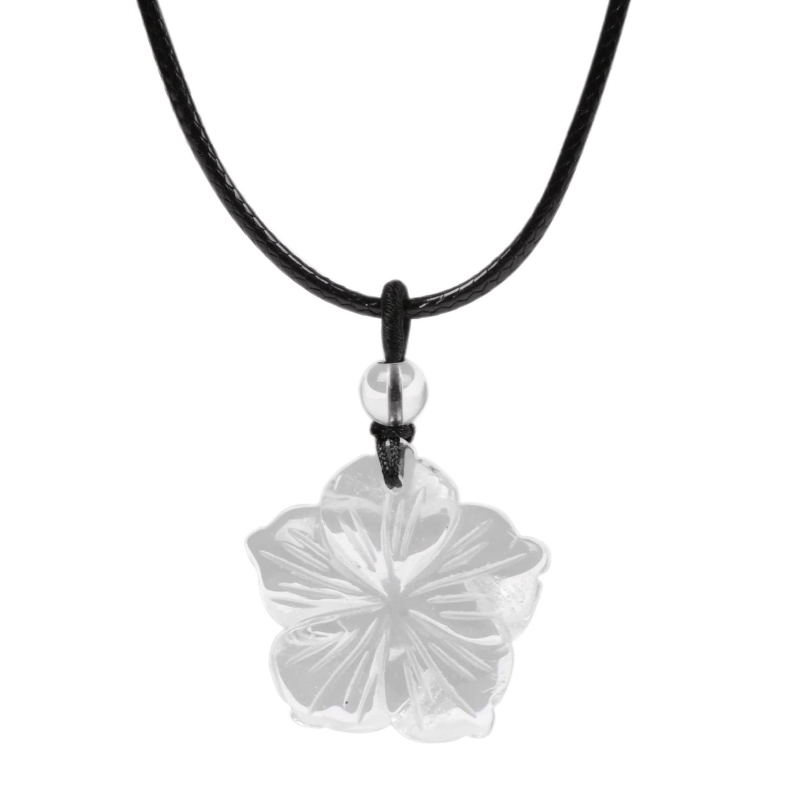 Hand Carved Healing Crystals Gemstone Hawaii Flower Pendant Hand Weaving Wax Rope Necklace 22 inch