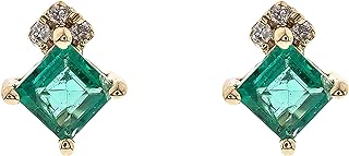 Stud-Clasp 10K Yellow Gold Emerald & Diamond Earrings for Women, Square-Cut Design, Ethically-Sourced Zambian Emeralds, Hand-crafted Gift for Her
