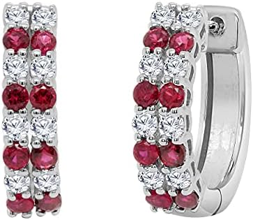 Round Shape Simulated Pink Ruby and White Natural Diamond Hoop Earrings with Hinged Post in 14K White Gold Gift for Womens