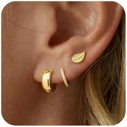 Gold Hoop Earrings for Women, Trendy 14K Gold Stud Earrings Set for Women Dainty Cubic Zirconia Huggie Hoops Small Ear Cuffs Non Piercing Hypoallergenic Earrings Cute Waterproof Gold Jewelry