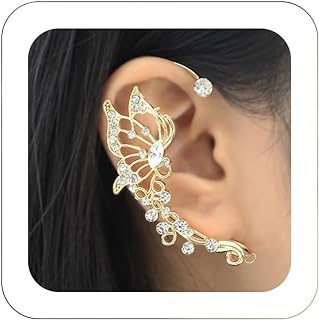 2-Piece Set Butterfly-Flower Design Ear Cuffs; Non-Piercing, Cubic Zirconia Adorned, Tassel Chain Earrings; Cartilage Climber, Zinc-Metal Wrap Around Style with Screw Back; Perfect For Women