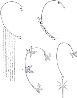 Elegant Silver and Gold Toned Wrap Around 4Pcs Ear Cuff Chain Earrings with Long Tassel and Butterfly Design, Cubic Zirconia Gem, for Women's Right Ear - Push Back Finding - Sophisticated Climber Design