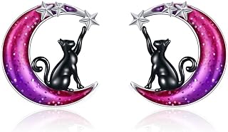 925 Sterling Silver & Black Cat Moon Stud Earrings with Screw Back Design for Women and Girls by VONALA