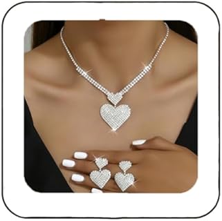 Unicra Crystal Heart Bridal Wedding Jewelry Set Silver Rhinestone Necklace Earrings Bracelet Sets Formal Costume Jewelry for Women and Brides