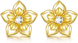 14K Solid Yellow Gold Flower Stud Earrings With Push Backs, Real Gold Elegant Jewelry Gift for Her