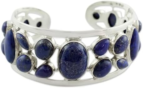 NOVICA Artisan Handmade Lapis Lazuli Cuff Bracelet Sterling Silver Blue India Royal Classic Reflecting Pond Snorkel Birthstone [5.25 in L (end to End) x 1 in W] ' Summer Sea'