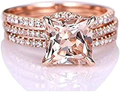 2 Ct Princess Cut Peach Morganite & Diamond Curved Promise Trio Halo Ring Band Set 14k Rose Gold Over Sterling Silver
