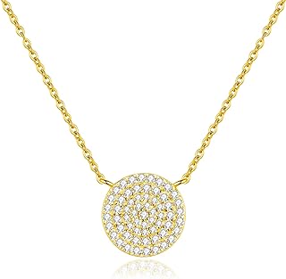 Sterling Silver Round Disc Pendant Necklace with Cubic Zirconia Pave for Women - Cable Chain, Spring Ring Clasp - 18 inches