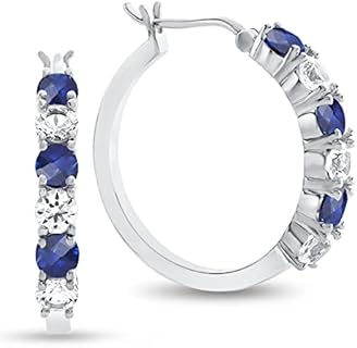 Gemstone and Lab-Created White Sapphire Hoop Earrings, Alternating Stones, Birthstone Jewelry, Sterling Silver (3mm Stone)