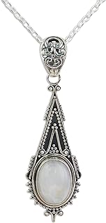 NOVICA Art Deco Handmade Moonstone Pendant with Sterling Silver Cable Chain, Spring Ring Clasp - Ideal Gift for Jewelry Lovers from India