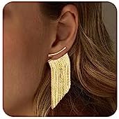 FUNEIA Gold Silver Tassel Earrings for Women Long Statement Drop & Dangle earrings Trendy Ear Jackets Front Back Earrings Dangling Dangly Bridal Fringe Formal Earrings for Wedding Prom Brides Jewelry