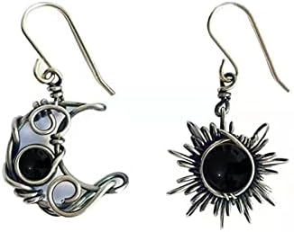 Boho Opal Sun and Moon Drop Dangle Earrings Moonstone Natural Stone Hook Bohemian for Women Girls Asymmetrical Antiqued Silver Celestial Jewelry