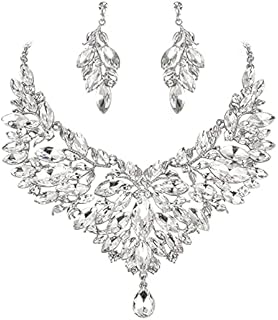 BriLove Wedding Bridal Crystal Rhinestones Marquise Cluster Statement Necklace Dangle Earrings Jewelry Set for Women