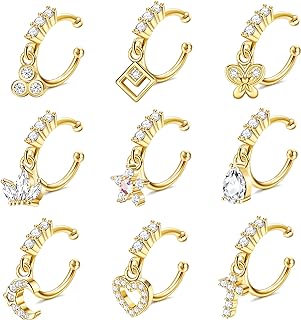 Florideco Non-Piercing Cubic-Zirconia Dangle Fake Nose Rings for Women - 9 Pcs 20G Stainless Steel Nose Cuffs with Adjustable Fit and Diverse Designs