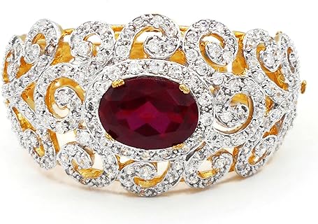 Spring Ring Clasp Thai Baht Gold-Plated Ruby Bracelet for Women, Thai Cubic Zirconia Unique Cuff Bangle Design
