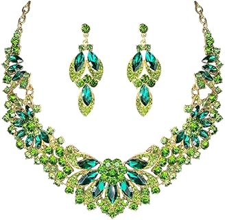 Women Jewelry Set Rhinestone Crystal Green Bride Statement Choker Necklace Teardrop Cluster Dangle Earrings Set for Wedding Party