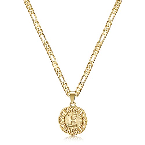 KissYan Initial Necklace For Women Girl,14K Gold Plated Round Letter Pendant Necklace Capital Monogram Necklace Alhpabets from A-Z Figaro Chain Necklace